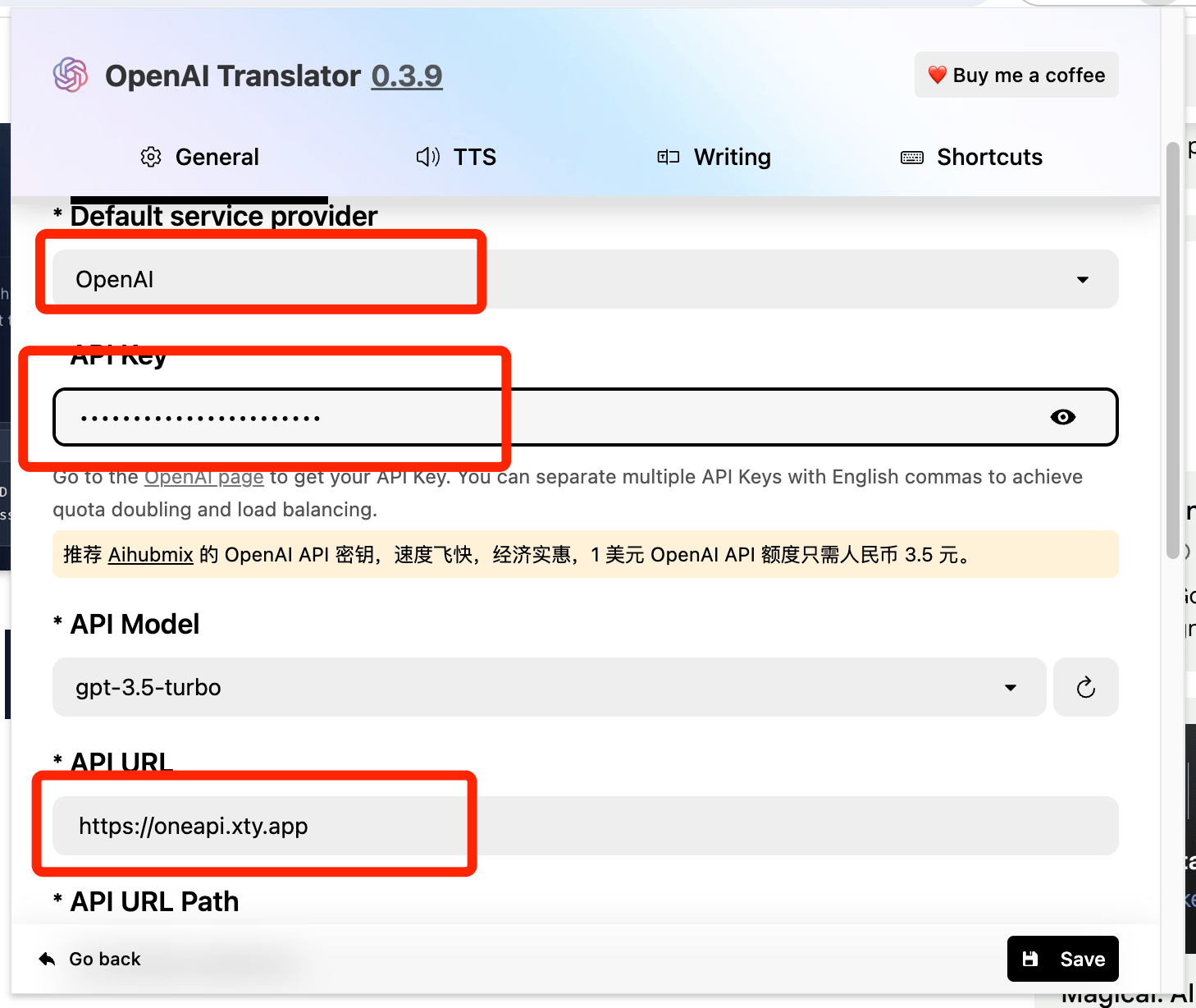 OpenAI Translator 配置界面